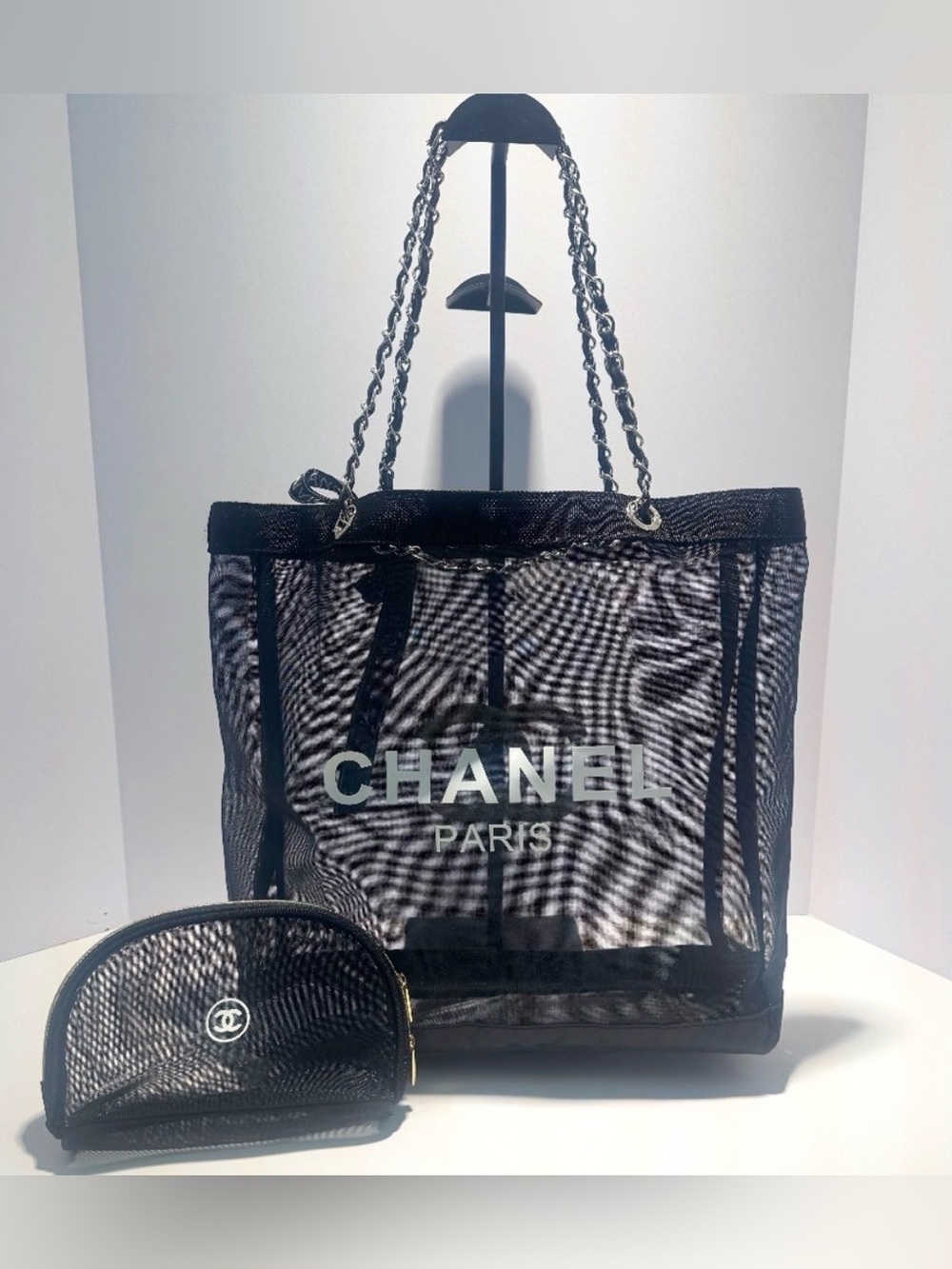 CHANEL Black Mesh Tote with Silver Hardware Chain Straps &Matching Pouch